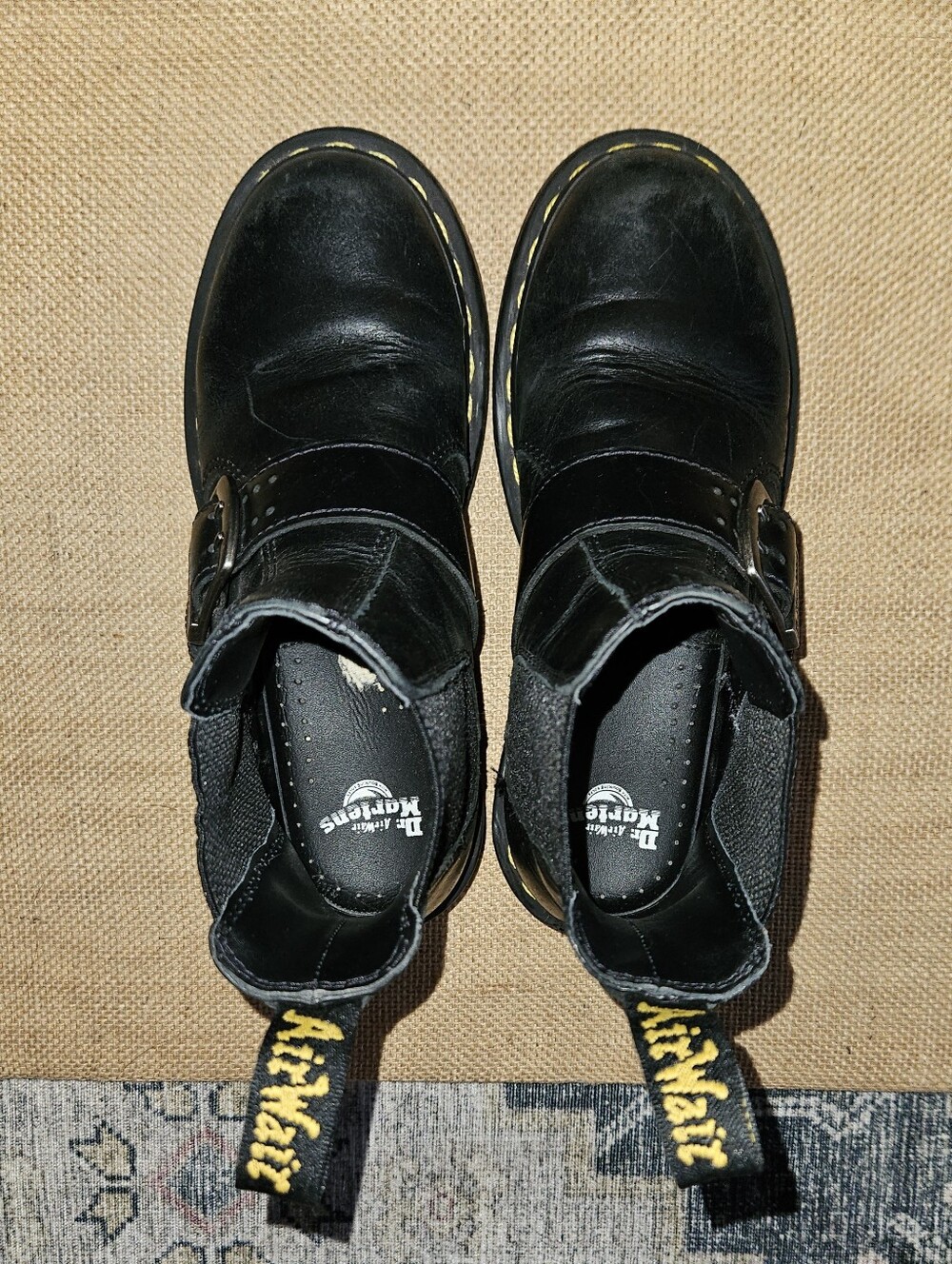 Dr. Martens Black Leather Ankle Boots with Yellow Stitching Kids Size 5 US